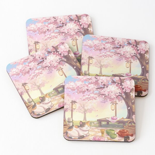 Item preview, Japanese Spring Picnic: Sleeping Cat, Sakura Tree & Matcha Tea designed and sold by hattie's.