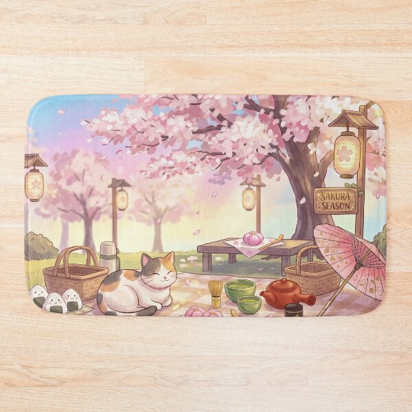 Item preview, Japanese Spring Picnic: Sleeping Cat, Sakura Tree & Matcha Tea designed and sold by hattie's.