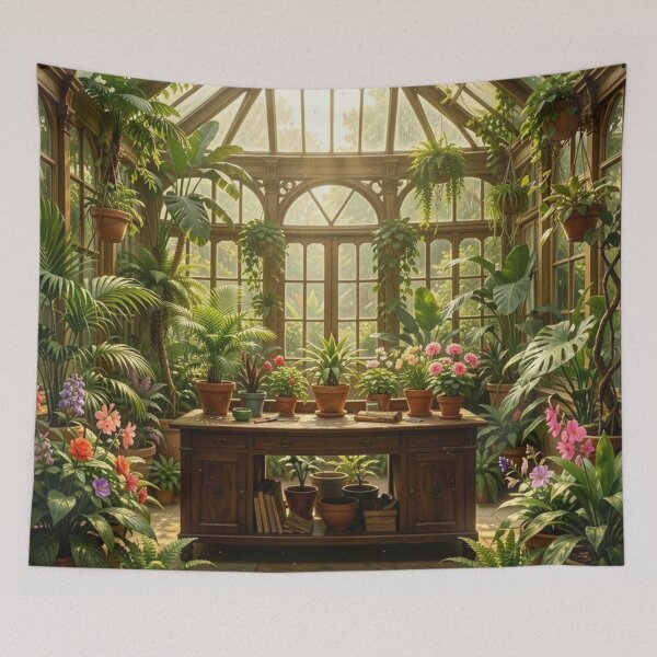 Item preview, Sunlit Greenhouse with Wooden Table and Plants designed and sold by Pioneer Spirit Market.