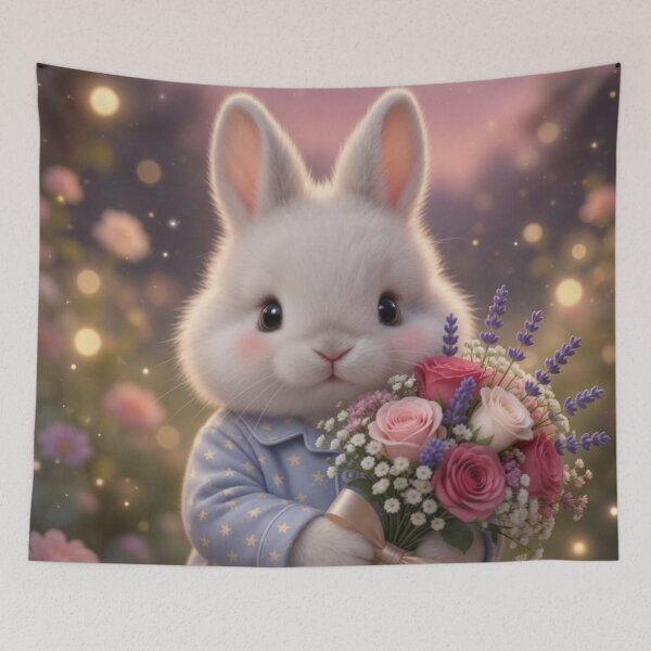 Item preview, Cute Pyjama Rabbit holding Flower Bouquet designed and sold by lovelistivkaa.