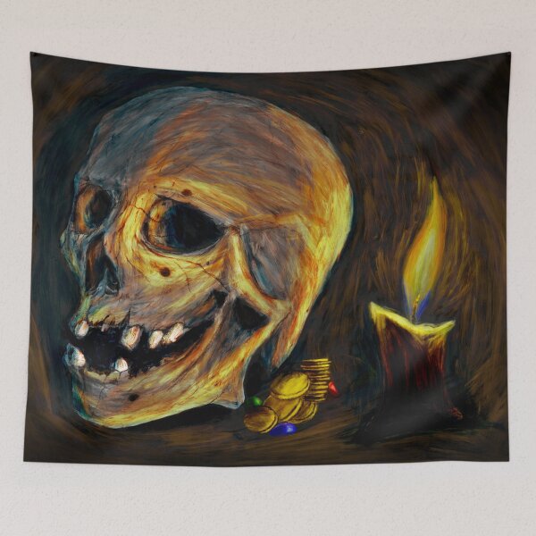 Item preview, Creepy skull in a dark place with a candle and coins designed and sold by Witseart.