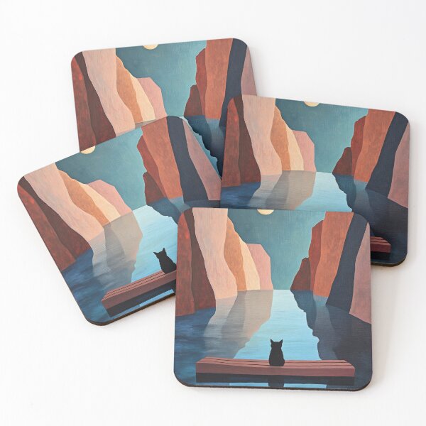 Item preview, Black Cat Canyon Moon Art Print | Geometric Reflection Painting | Terracotta and Blue Wall Art designed and sold by ThingsCatsDo.