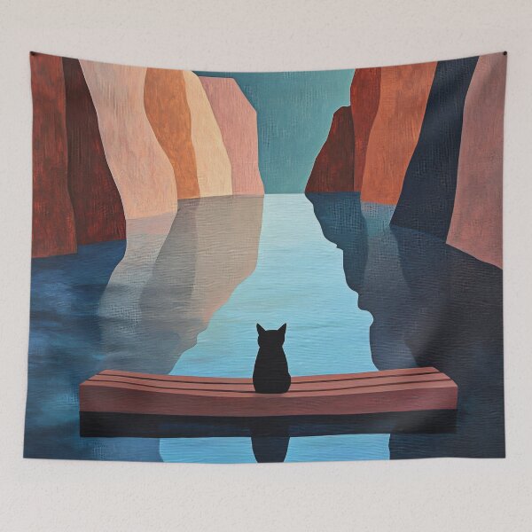 Item preview, Black Cat Canyon Moon Art Print | Geometric Reflection Painting | Terracotta and Blue Wall Art designed and sold by ThingsCatsDo.
