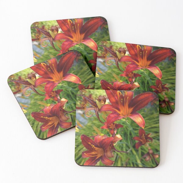 Item preview, Deep Red Daylily Blossoms in Summer Garden Close Up designed and sold by PhuongVoArt.