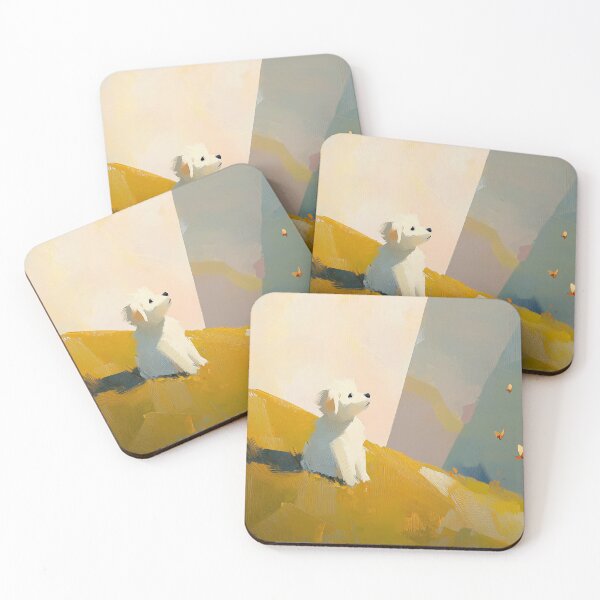 Item preview, Fluffy White Puppy and Butterflies Art Print | Golden Meadow Painting | Minimalist Pastel Dog Wall Art designed and sold by ThingsCatsDo.