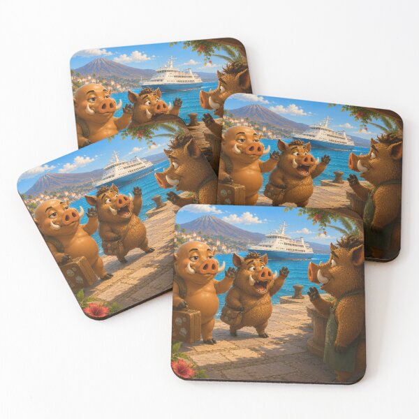 Item preview, Goodbye at the Harbour — Wild Boar Friends Saying Farewell designed and sold by CanaryVibesArt.