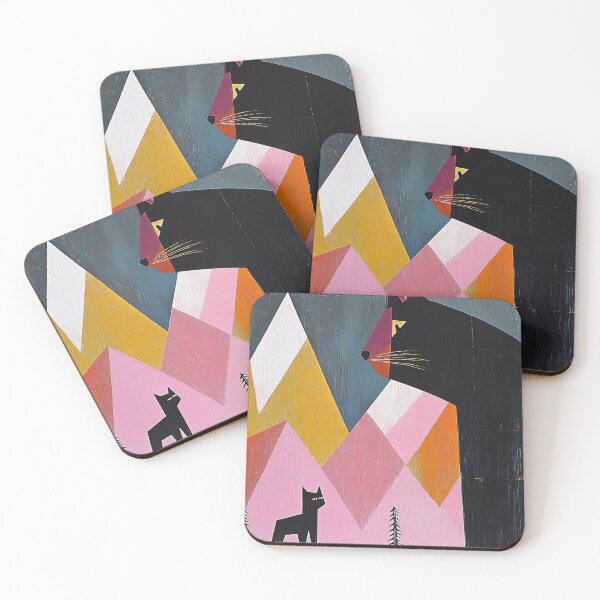 Item preview, Giant Black Cat Art Print | Mountain Silhouette Painting | Pink and Gold Geometric Wall Art designed and sold by ThingsCatsDo.