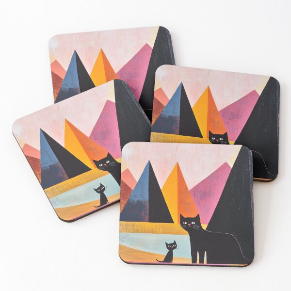 Item preview, Two Black Cats Mountain Art Print | Geometric Pyramid Painting | Pink and Orange Wall Art designed and sold by ThingsCatsDo.
