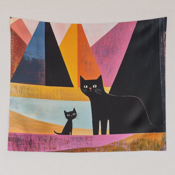 Item preview, Two Black Cats Mountain Art Print | Geometric Pyramid Painting | Pink and Orange Wall Art designed and sold by ThingsCatsDo.
