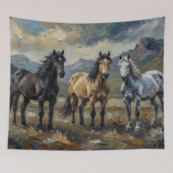 Item preview, Three Horses in Dramatic Landscape Oil Painting designed and sold by Pioneer Spirit Market.