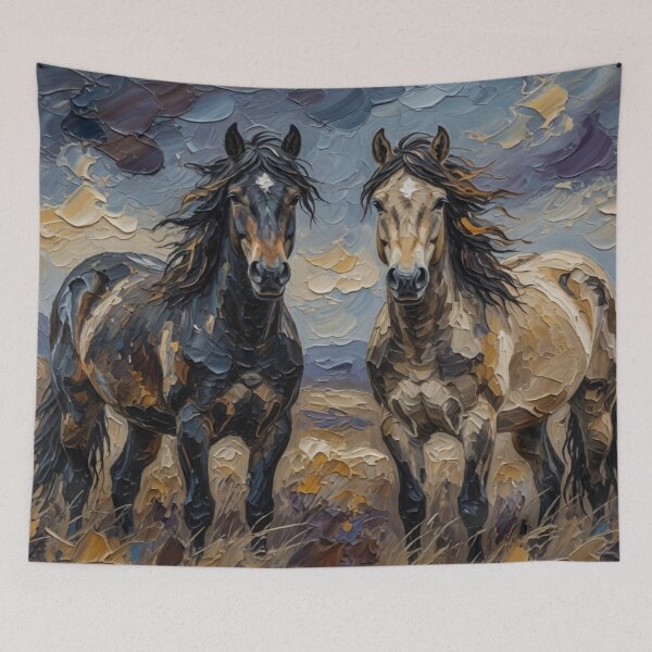 Artikelvorschau, Two Horses in Dramatic Landscape Oil Painting entworfen und verkauft von Pioneer Spirit Market.