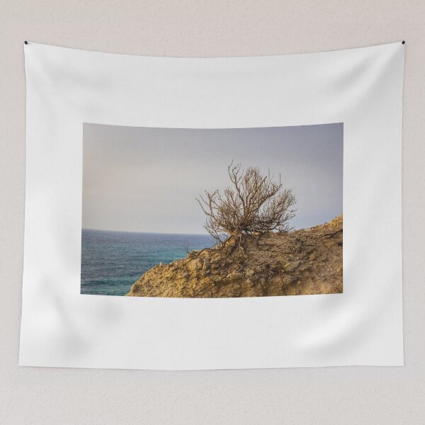 Item preview, Lonely Coastal Shrub Clinging to Rocky Cliff Overlooking Turquoise Sea at Sunset designed and sold by Nmallia.