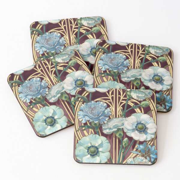 Item preview, Art Nouveau Blue Floral Gold Accent Pattern designed and sold by IntelliMindDesigns.