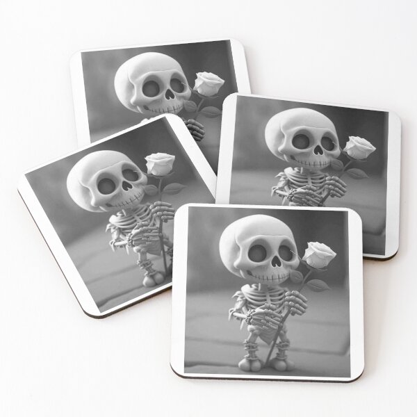 Item preview, Cute Chibi Skeleton Holding a Rose - 3D Monochrome Illustration designed and sold by UrbanCanvas 111.
