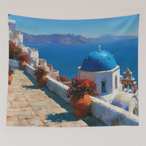 Item preview, Santorini Oia Blue Dome Church Terrace Aegean Sea Impressionist Art designed and sold by daila70.
