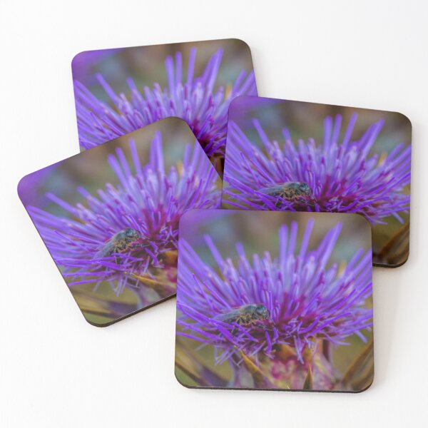 Item preview, Honey Bee Hovering Over Purple Thistle Flower Collecting Pollen On Spiky Wild Plant designed and sold by Nmallia.