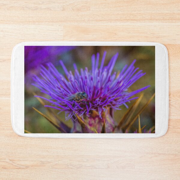 Item preview, Honey Bee Hovering Over Purple Thistle Flower Collecting Pollen On Spiky Wild Plant designed and sold by Nmallia.