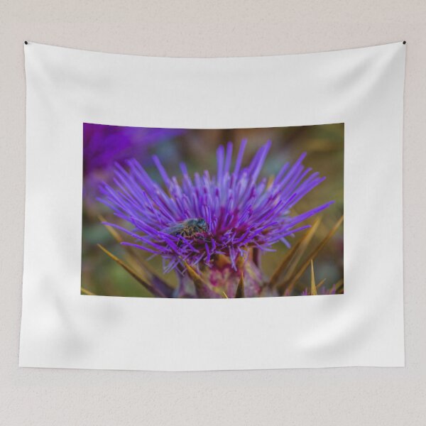 Item preview, Honey Bee Hovering Over Purple Thistle Flower Collecting Pollen On Spiky Wild Plant designed and sold by Nmallia.