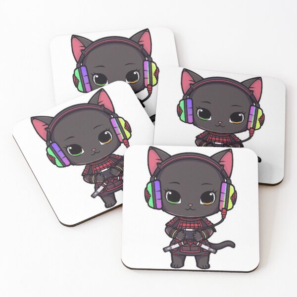 Item preview, Cute Samurai Gamer Cat Kawaii Sticker | Black Kitten with RGB Headphones designed and sold by Stylestickers55.