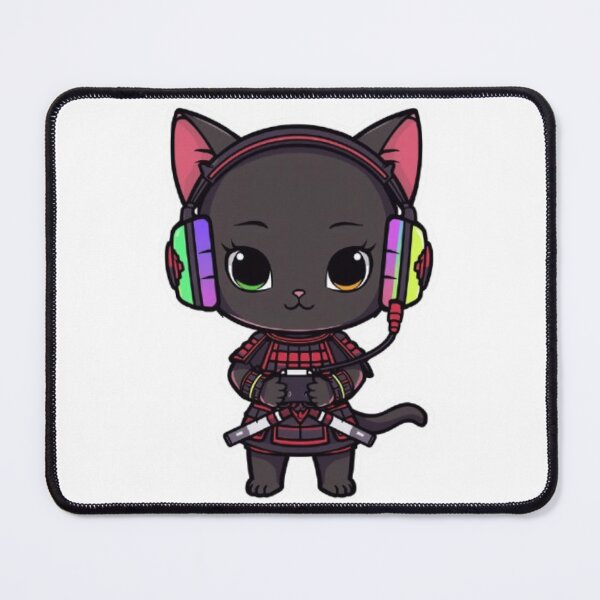 Item preview, Cute Samurai Gamer Cat Kawaii Sticker | Black Kitten with RGB Headphones designed and sold by Stylestickers55.
