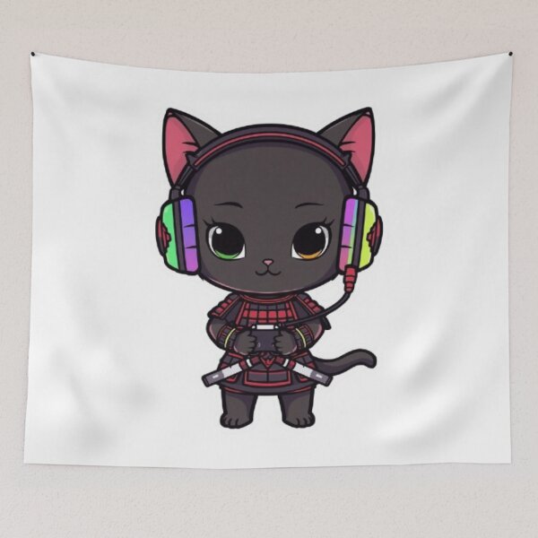 Item preview, Cute Samurai Gamer Cat Kawaii Sticker | Black Kitten with RGB Headphones designed and sold by Stylestickers55.