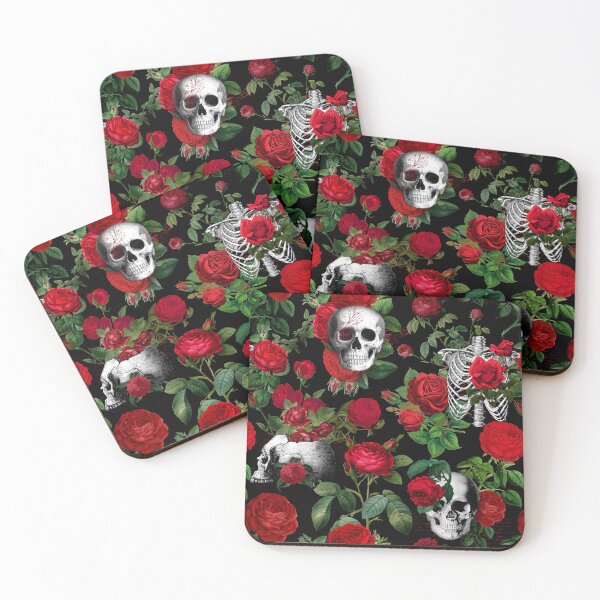 Item preview, Floral Skull with Red Roses Dark Gothic Aesthetic Pattern - Black Background  designed and sold by CanisArtStudio.