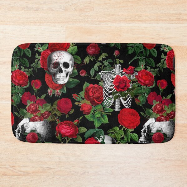 Item preview, Floral Skull with Red Roses Dark Gothic Aesthetic Pattern - Black Background  designed and sold by CanisArtStudio.