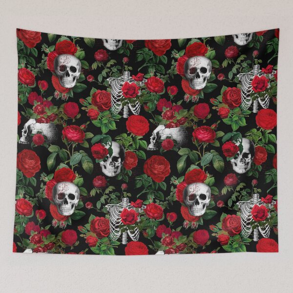 Item preview, Floral Skull with Red Roses Dark Gothic Aesthetic Pattern - Black Background  designed and sold by CanisArtStudio.