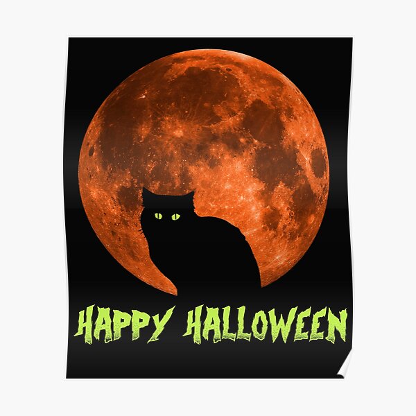 Black Cat | Full Blood Moon | Happy Halloween Poster