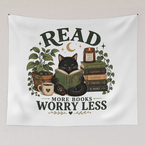 Item preview, Read More Books Worry Less | Cozy Black Cat Reading Vintage Book Lover Design designed and sold by lukes designs.
