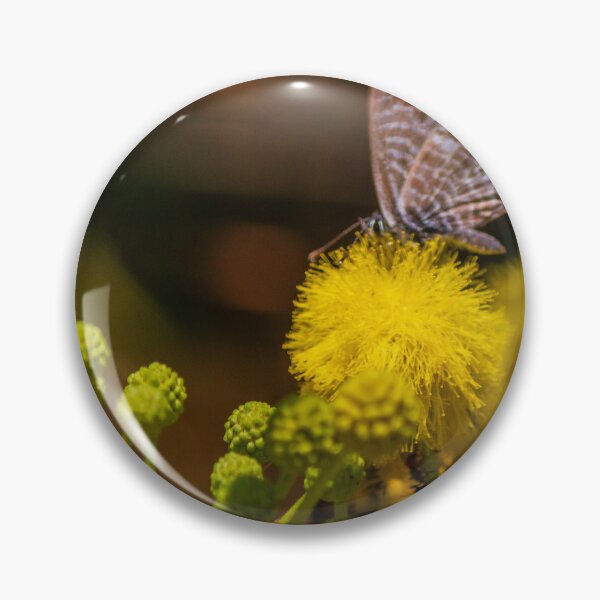 Item preview, Small Blue Butterfly Feeding on Bright Yellow Puff Flower Among Green Buds in Natural Macro designed and sold by Nmallia.