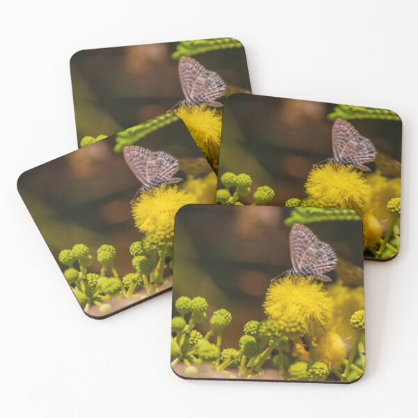 Item preview, Small Blue Butterfly Feeding on Bright Yellow Puff Flower Among Green Buds in Natural Macro designed and sold by Nmallia.