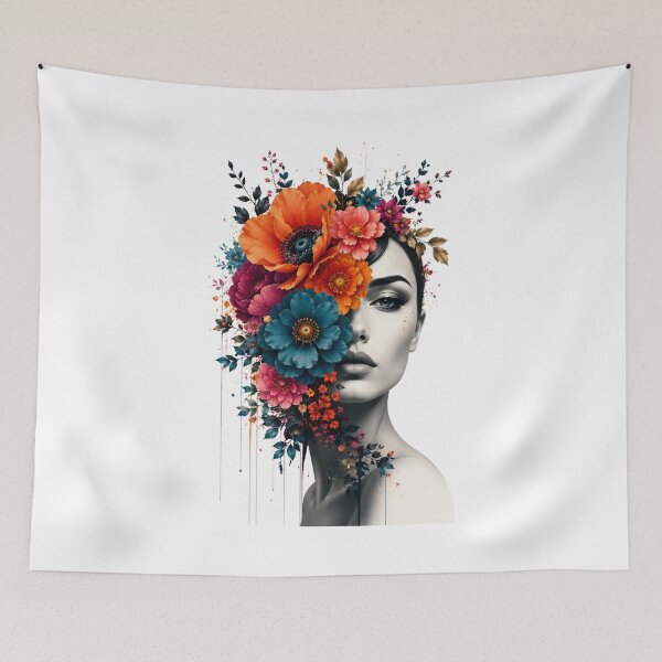 Item preview, Floral Woman Half Face Colorful Flowers Drip Black and White Art Print designed and sold by Leogasup.