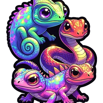 Artwork thumbnail, Cute Colorful Reptile Trio Procreate Sticker Design by ExploreAura Studio