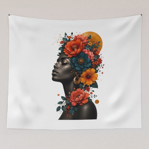 Item preview, Black Woman Floral Profile Golden Sun Colorful Flowers Wall Art Print designed and sold by Leogasup.