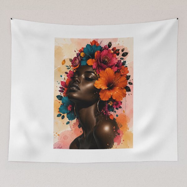 Item preview, Black Woman Floral Watercolor Background Colorful Flowers Wall Art Print designed and sold by Leogasup.