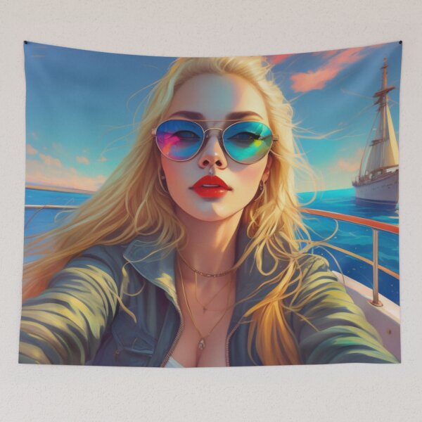 Item preview, Riviera Summer Selfie Blonde Woman Sunglasses Boat Art designed and sold by UmSkelig834.