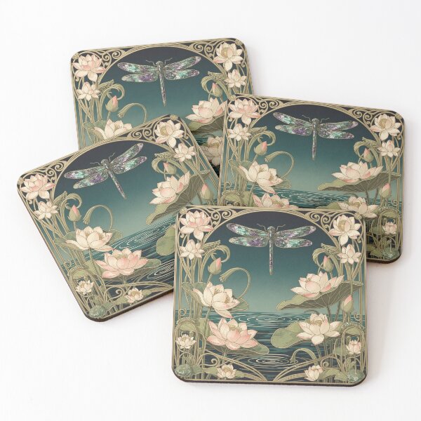 Item preview, Art Nouveau Dragonfly Among Lotus in Gold designed and sold by PictorialWhimsy.