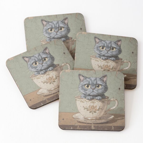 Item preview, Startled Russian Blue Squeezed Into a Teacup Folk Art designed and sold by PictorialWhimsy.