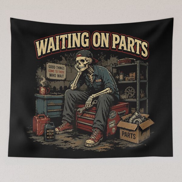 Item preview, Waiting On Parts Skeleton Mechanic Garage Tool Box Funny Work Humor designed and sold by Serene woods.