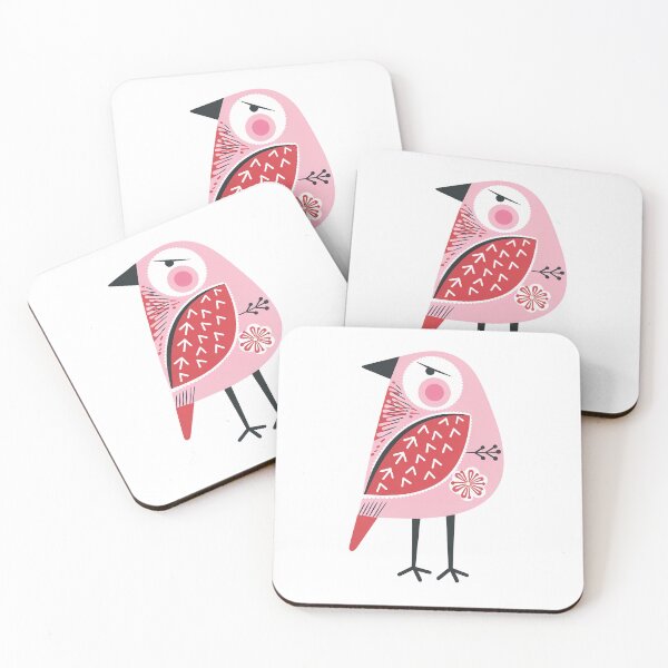 Aperçu de l'œuvre Art populaire d'oiseaux roses | Illustration d'oiseaux scandinave fantaisiste créée et vendue par Filora Atelier | Bird Art.