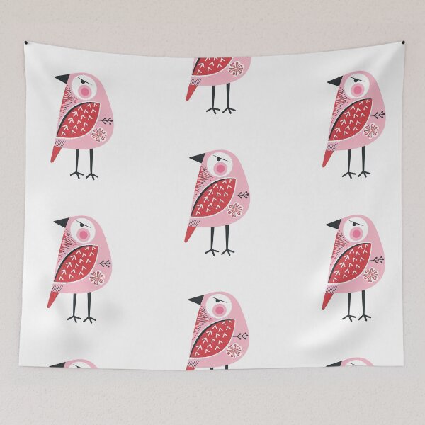 Aperçu de l'œuvre Art populaire d'oiseaux roses | Illustration d'oiseaux scandinave fantaisiste créée et vendue par Filora Atelier | Bird Art.