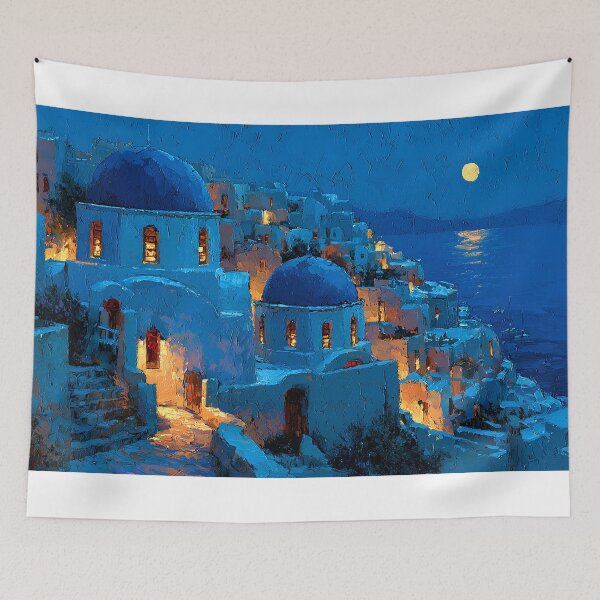 Item preview, Santorini Oia Blue Dome Village Night Moon Impressionist Art designed and sold by daila70.