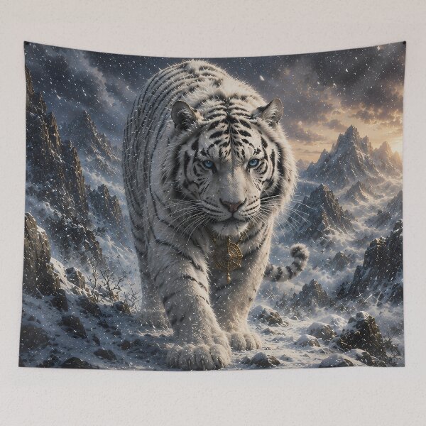 Item preview, Moon Guardian White Tiger | Fantasy Snow Mountain Tiger Artwork designed and sold by ManJiangHong.