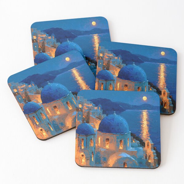 Item preview, Santorini Oia Blue Dome Church Moonlight Sea Reflection Impressionist Art designed and sold by daila70.