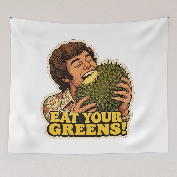 Item preview, Retro Man Eating Durian Fruit Eat Your Greens Meme designed and sold by RareVisuals.