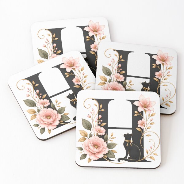 Item preview, Floral Letter H with Black Cat | Elegant Botanical Monogram | Vintage Alphabet Design designed and sold by MoodLay.