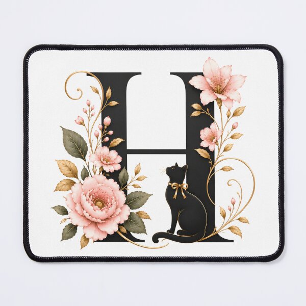 Item preview, Floral Letter H with Black Cat | Elegant Botanical Monogram | Vintage Alphabet Design designed and sold by MoodLay.