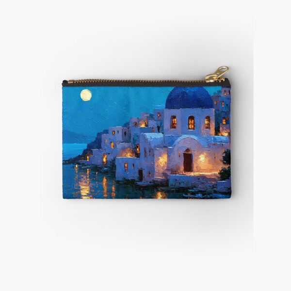 Item preview, Santorini Oia Blue Dome Church Cliffside Moonlight Sea Impressionist Art designed and sold by daila70.
