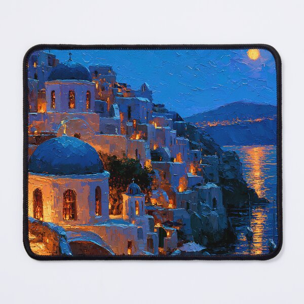 Item preview, Santorini Oia Blue Dome Village Cliffside Moon Sea Reflection Impressionist Art designed and sold by daila70.